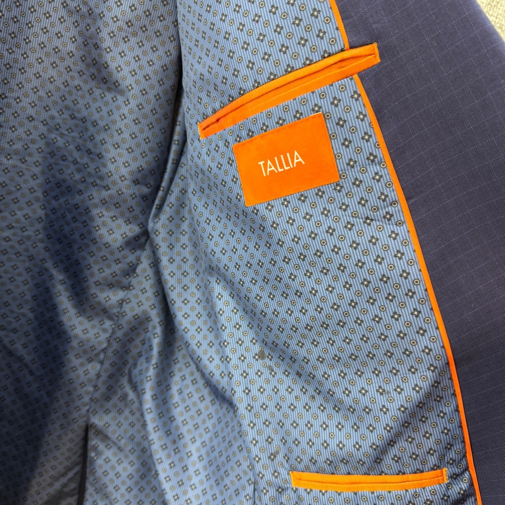 TALLIA Mens 46L Navy Blue Grid Pattern Blazer Poly Blend Stretch Jacket 2 Button - Picture 8 of 14